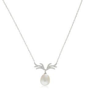 "Graceful antler-shaped pendant necklace accented with a single royal pearl"