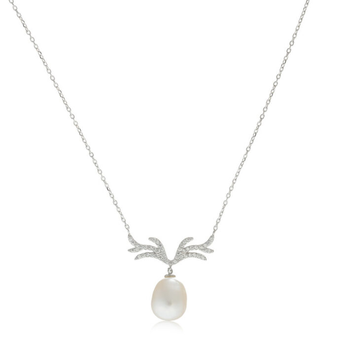 "Graceful antler-shaped pendant necklace accented with a single royal pearl"