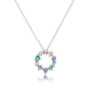 "Multicolor gemstone-studded circle pendant symbolizing unity and vibrance"