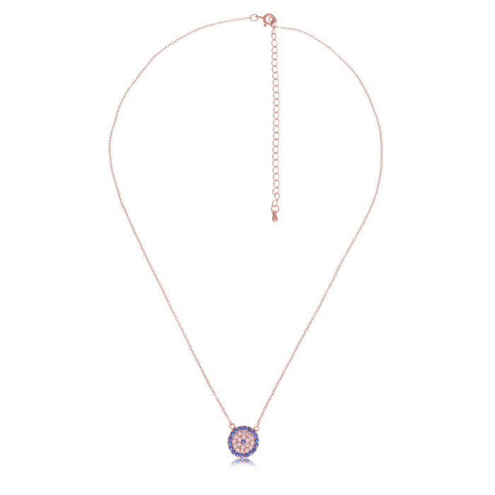 "Elegant evil eye necklace with a sapphire halo and silver chain"