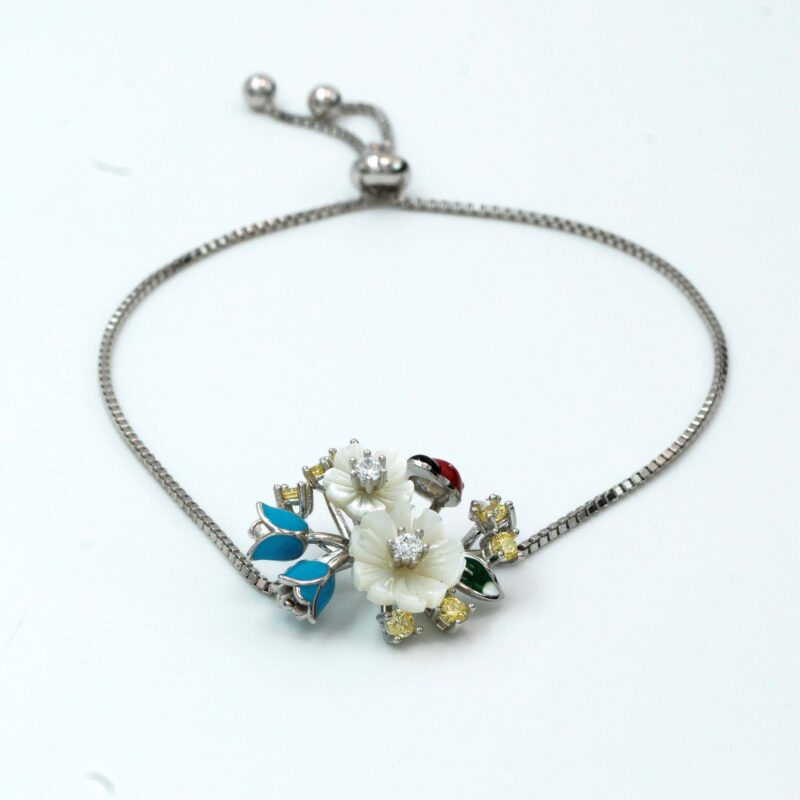 Floral Charm Silver Bracelet in Rhodium