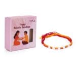 Divine Coin Rakhi – Red & Yellow Wool Thread with Silver Motifs - Image 2