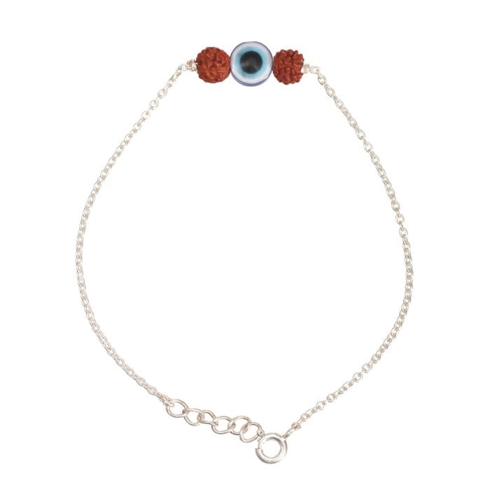 Rudraksha Evil Eye Rakhi – Silver Chain with Protective Charm - Image 1