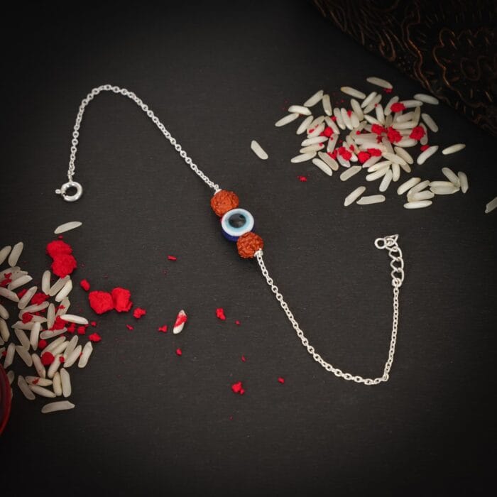 Rudraksha Evil Eye Rakhi – Silver Chain with Protective Charm - Image 2