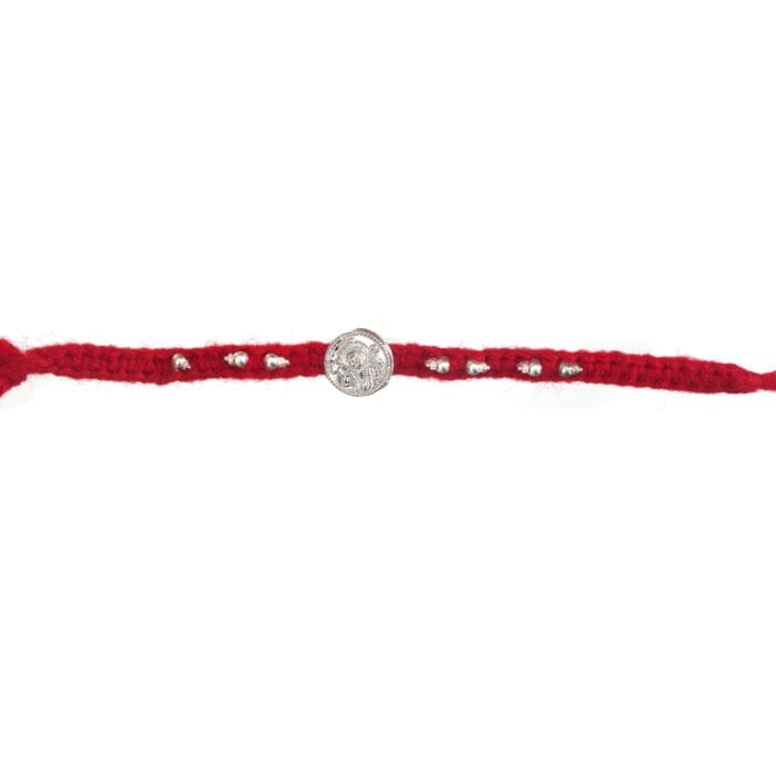 WhatsApp Image 2025-07-30 at 14.13.51_5848b8e6 Sacred Red Wool Rakhi – Silver Coin Center with Threaded Accents - Image 1