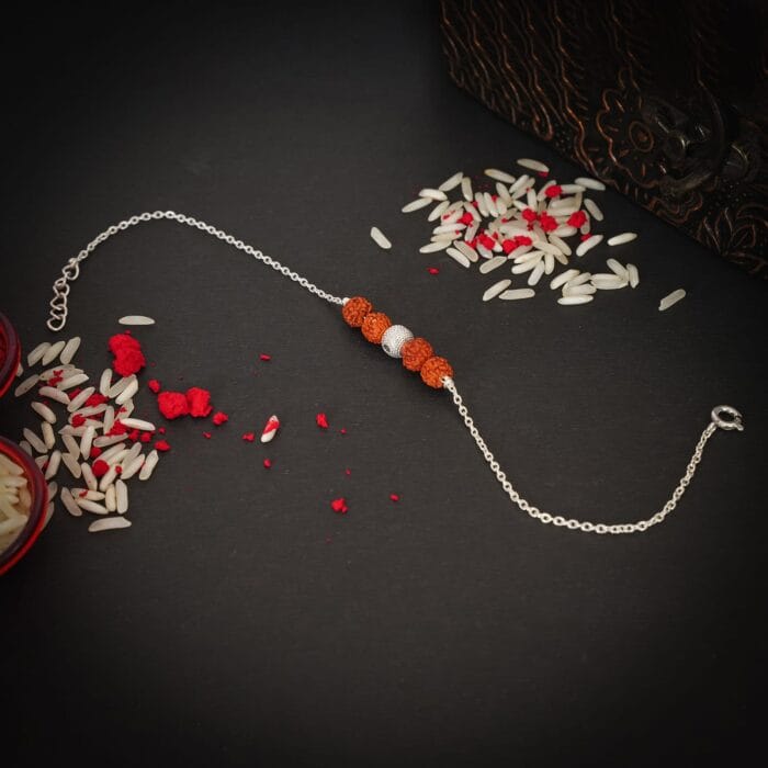 Yin-Yang Rudraksha Rakhi – Silver Chain with Spiritual Balance Beads - Image 3