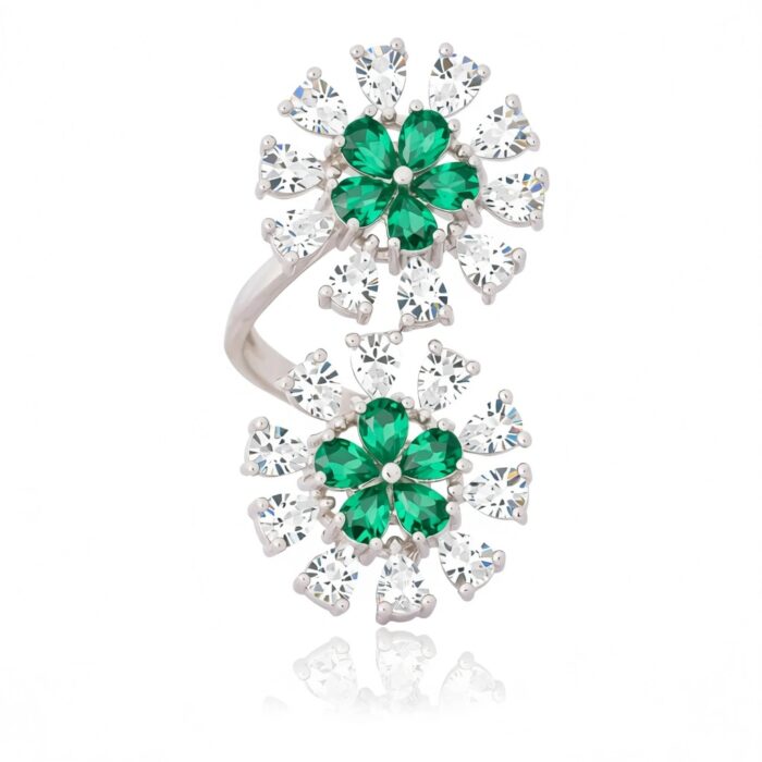 Dual Floral Green Stone Silver Ring - Image 4