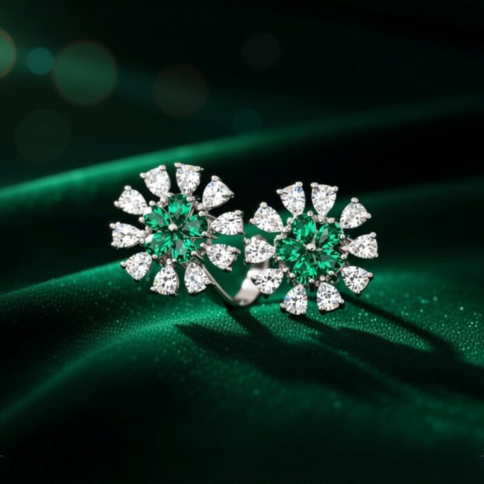 Dual Floral Green Stone Silver Ring - Image 6