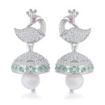 Sterling Silver Peacock and Pearl Drop Earrings with Green Stones