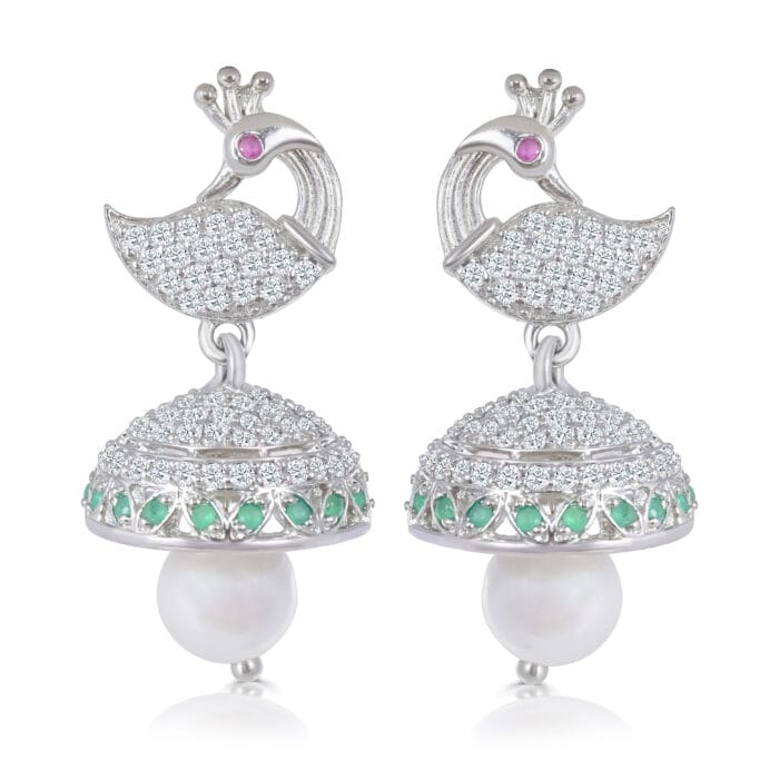 DSC07996 Sterling Silver Peacock and Pearl Drop Earrings with Green Stones - Image 1