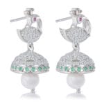 Sterling Silver Peacock and Pearl Drop Earrings with Green Stones - Image 2
