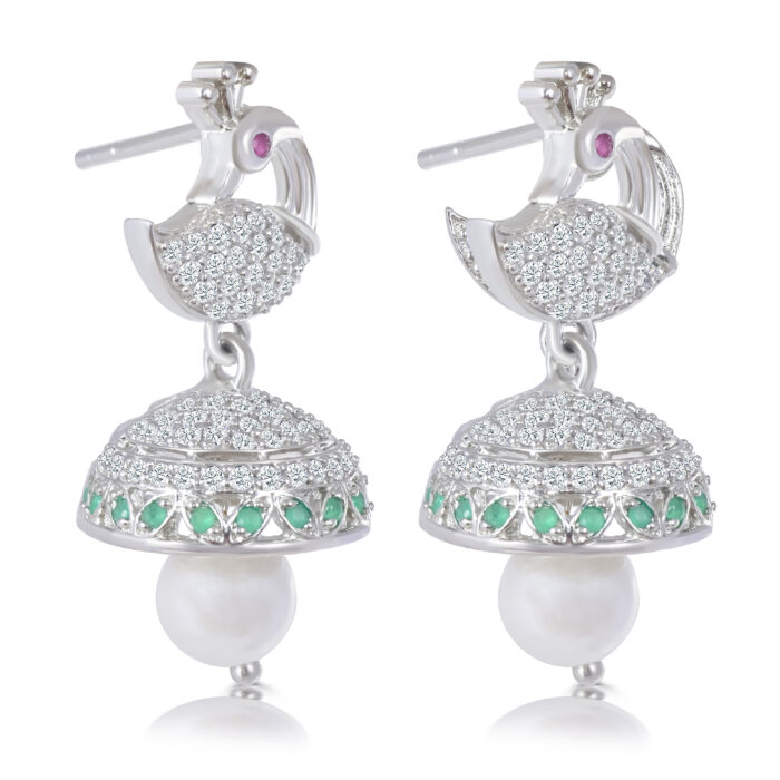 Sterling Silver Peacock and Pearl Drop Earrings with Green Stones - Image 2
