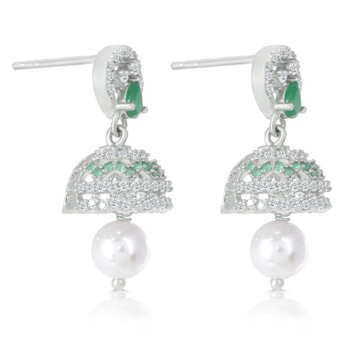 925 Sterling Silver Emerald and Pearl Jhumka Earring - Image 2