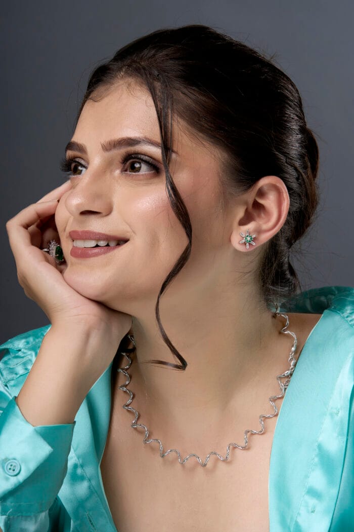 Emerald Green Flower Stud Earrings in 92.5 Sterling Silver - Image 3