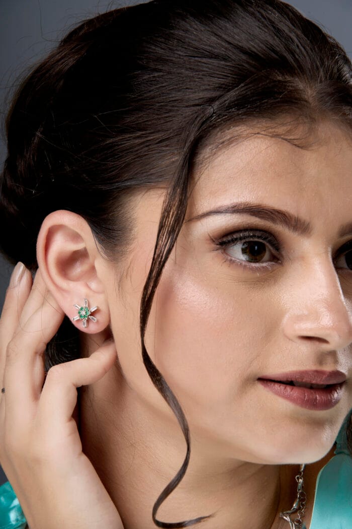 Emerald Green Flower Stud Earrings in 92.5 Sterling Silver - Image 4