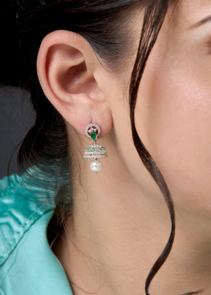925 Sterling Silver Emerald and Pearl Jhumka Earring - Image 4