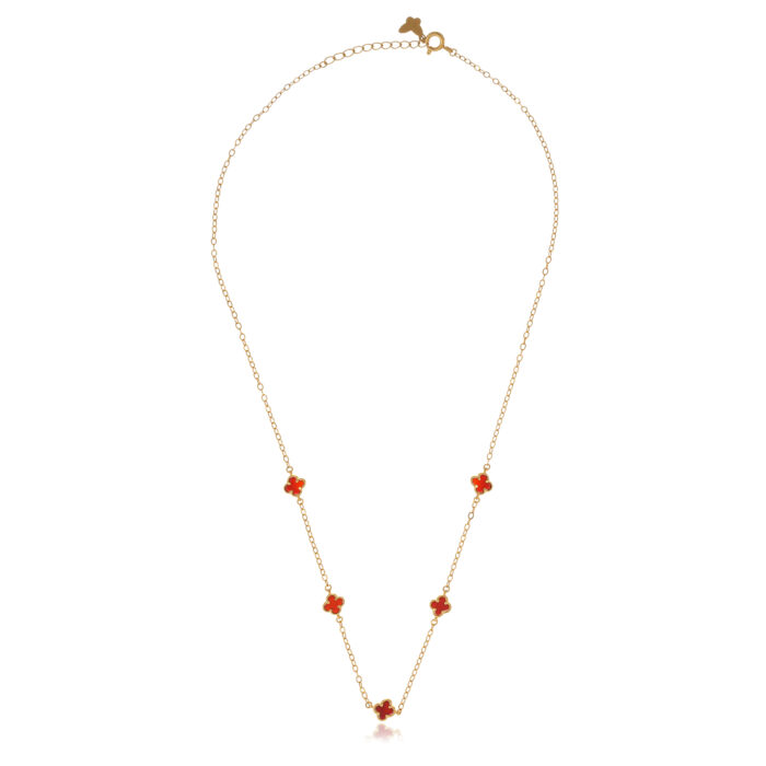 Gold Plated Necklace with Red Enamel Clover Accents - Image 2