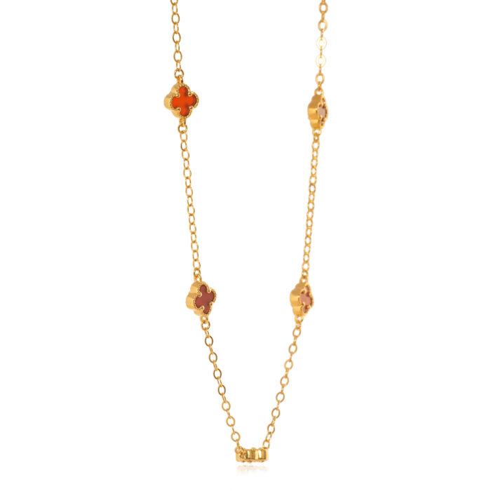 Gold Plated Necklace with Red Enamel Clover Accents - Image 3