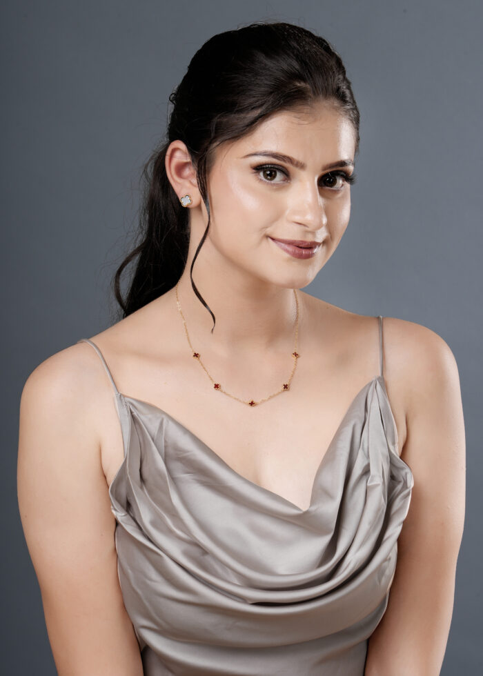 Gold Plated Necklace with Red Enamel Clover Accents - Image 4