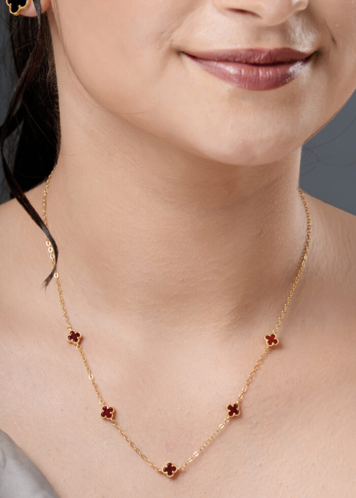 Gold Plated Necklace with Red Enamel Clover Accents - Image 5