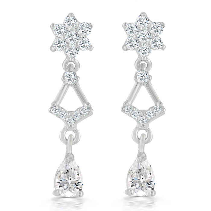 Elegant Silver Geometric Floral Cluster with Teardrop Necklace & Earrings Set - Image 5