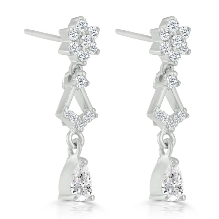 Elegant Silver Geometric Floral Cluster with Teardrop Necklace & Earrings Set - Image 6