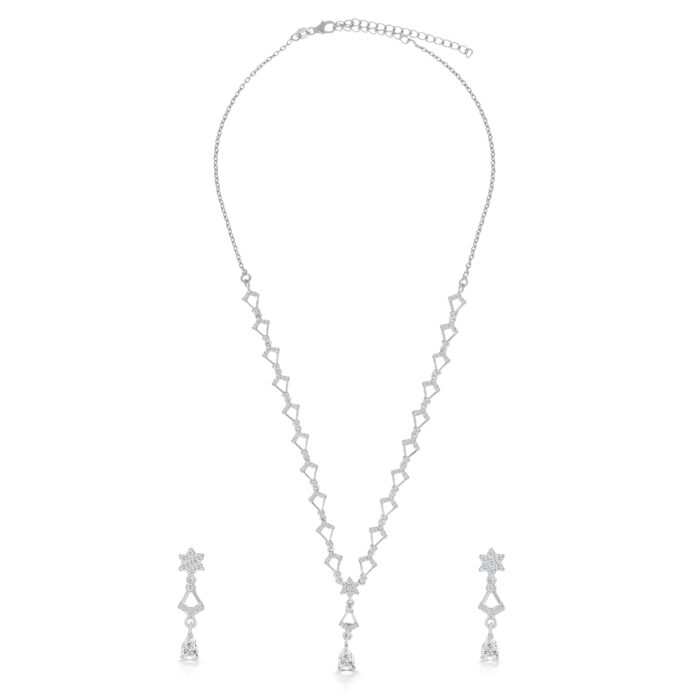 Elegant Silver Geometric Floral Cluster with Teardrop Necklace & Earrings Set - Image 7