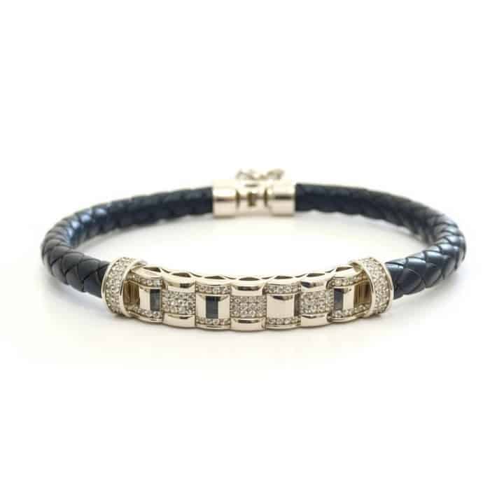 WhatsApp Image 2025-12-23 at 12.06.27 Men 925 Sterling Silver Pave Checker Leather Bracelet - Image 1