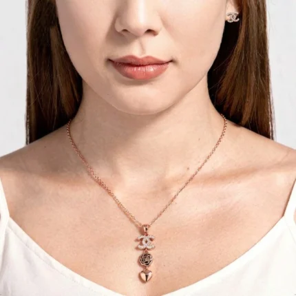 Rose Charm Heart Drop Pendant with Sparkle Curve Stud Earrings