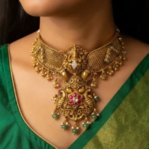 Peacock Temple Silver Choker Necklace