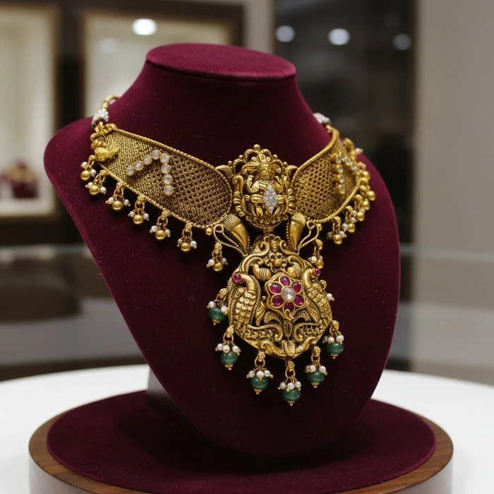 Royal Peacock Temple Silver Choker Necklace