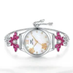 Silver Pink Floral Crystal Bracelet Watch for Women