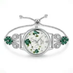 Silver Bracelet Watch with Green Floral Accents