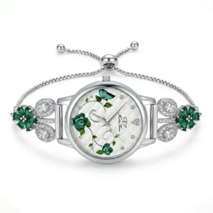 Silver Bracelet Watch with Green Floral Accents