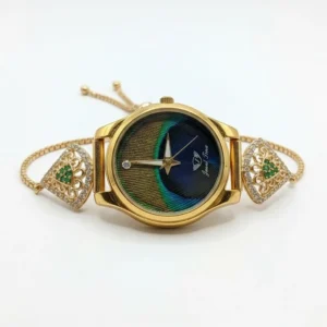 Peacock Feather Silver Watch With Stone Accents