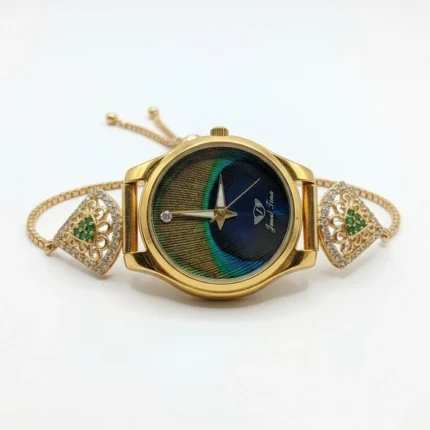 Peacock Feather Silver Watch With Stone Accents