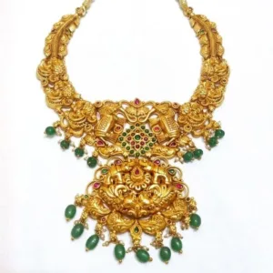 Gold Plated Temple Necklace with Green Beads