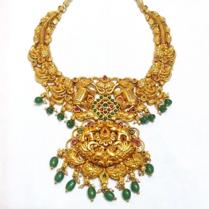 Gold Plated Temple Necklace with Green Beads