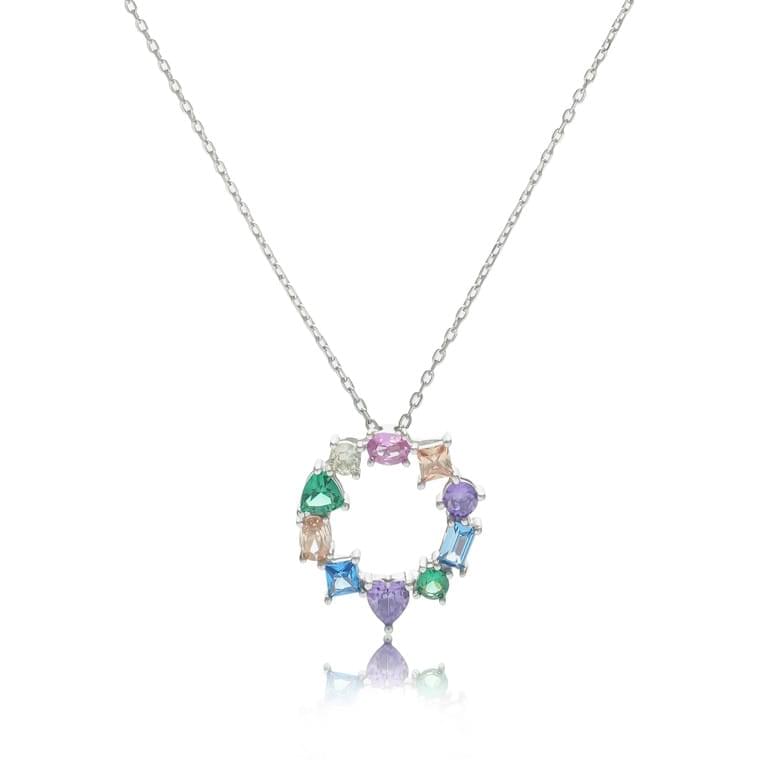 "Multicolor gemstone-studded circle pendant symbolizing unity and vibrance"