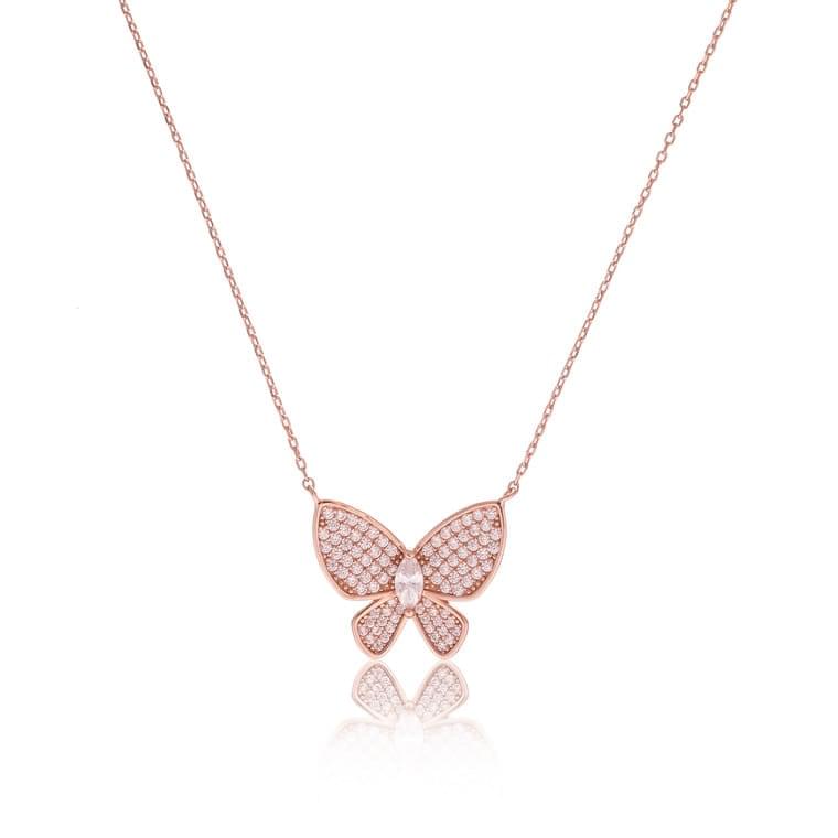 "Elegant butterfly charm necklace in polished rose gold finish"